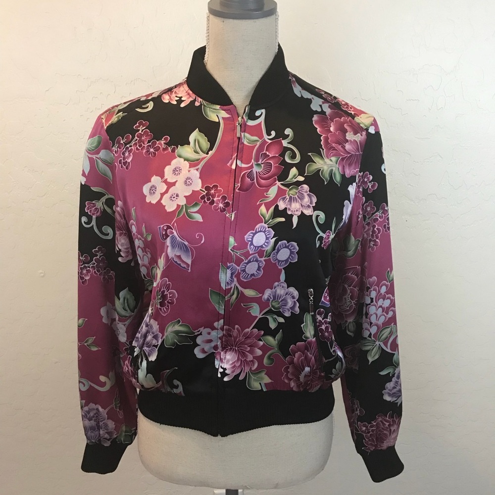 SLB By Sunny Leigh 100% Silk Bomber Jacket Floral
